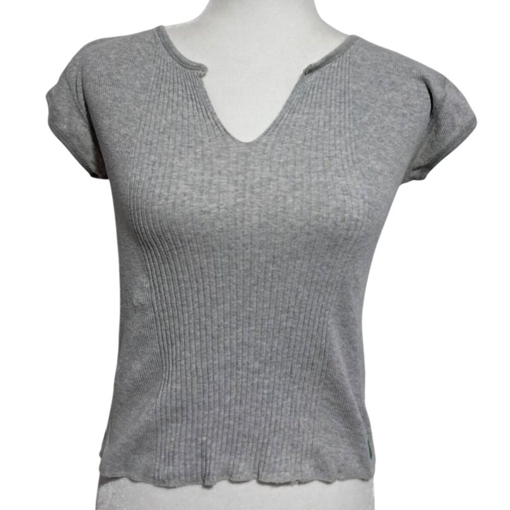 American‎ Eagle T-Shirt Women XS Gray Ribbed V-Neck Short Sleeve Cotton Top